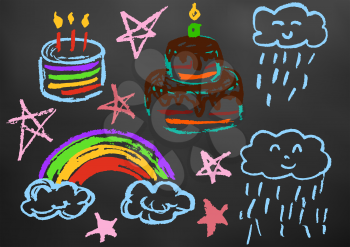 Children's drawing color chalk on a blackboard. Design elements of packaging, postcards, wraps, covers. Sweet children's creativity. Cake, candles, sweets, birthday, stars, clouds, rainbow, rain