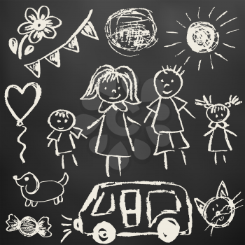 Children's drawings. Elements for the design of postcards, backgrounds, packaging. Chalk on a blackboard. Family, sun, ball, dog, car, cat