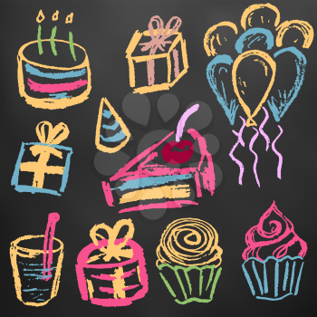 Children's drawings. Elements for the design of postcards, backgrounds, packaging. Color chalk on a blackboard. Birthday,  sweets, balls, gifts