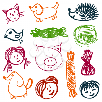 Children's drawings. Elements for the design of postcards, backgrounds, packaging. Printing for clothing. Persons, children, pig, hedgehog hare sweets