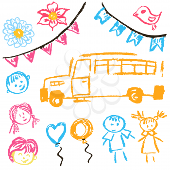 Children's drawings. Elements for the design of postcards, backgrounds, packaging. Printing for clothing. School bus, children, persons, flags