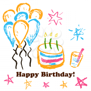 Children's drawings. Greeting card, flyer, banner. Happy Birthday Cake balloons stars