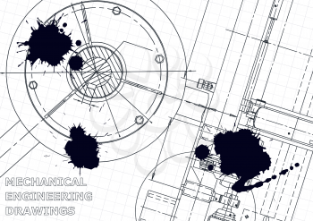 Cover, flyer, banner. Vector engineering illustration. Blueprint, background. Instrument-making drawings. Black Ink. Blots. Technical illustrations