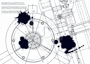 Cover, flyer, banner. Vector engineering illustration. Blueprint, background. Instrument-making drawings. Black Ink. Blots. Technical illustrations, backgrounds. Scheme, Outline