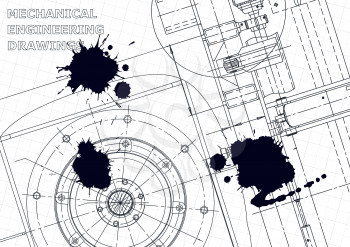 Cover, flyer. Vector engineering illustration. Black Ink. Blots. Instrument-making drawings. Mechanical drawing