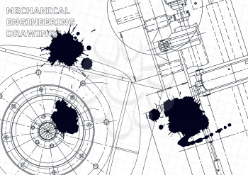 Cover, flyer. Vector engineering illustration. Blueprint, banner, background. Instrument-making drawings. Black Ink. Blots. Technical illustrations, backgrounds. Scheme