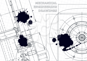 Cover. Vector engineering drawings. Black Ink. Blots. Technical abstract background