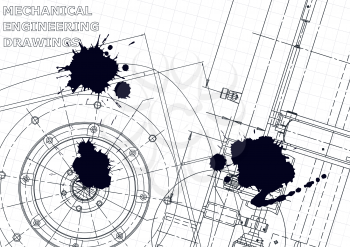Cover. Vector engineering illustration. Black Ink. Blots. Instrument-making drawings. Mechanical