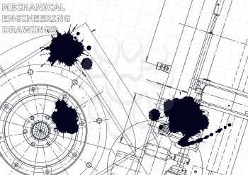 Cover. Vector engineering illustration. Blueprint, flyer, banner, background. Instrument-making drawings. Black Ink. Blots. Technical illustrations, background