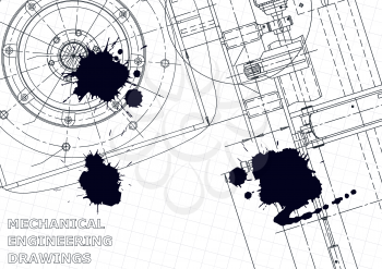 Cover. Vector engineering illustration. Blueprint, flyer, banner, background. Instrument-making drawings. Mechanical engineering drawing. Black Ink. Blots. Scheme, Outline, Plan