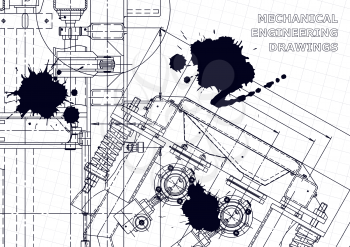 Machine-building industry. Instrument-making drawings. Black Ink. Blots. Technical illustrations