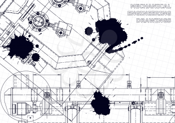 Mechanical instrument making. Technical illustration. Black Ink. Blots. Technical background