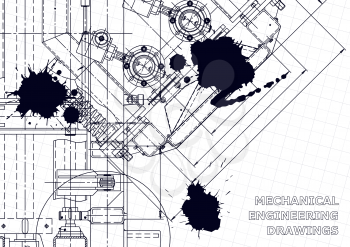Mechanical instrument making. Technical illustration. Blueprint, cover, Black Ink. Blots