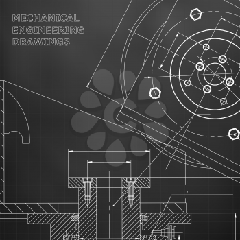 Mechanics. Technical design. Engineering style. Mechanical instrument making. Cover, flyer. Black background. Grid