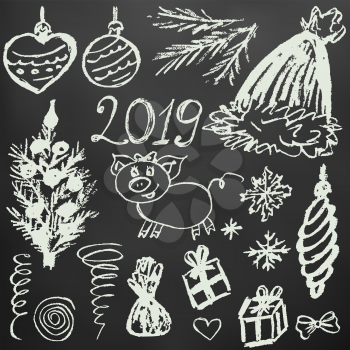 New Year 2019. New Year's set of elements for your creativity. Children's drawings with white chalk on a black background. Snowflakes, gifts, Christmas tree, Christmas toys, candy, Christmas hat, 2019, pig