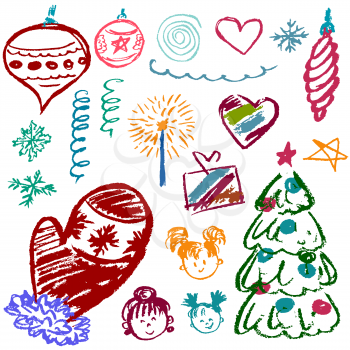 New Year 2019. New Year's set of elements for your creativity. Children's drawings of wax crayons on a white background. Snowflakes, gifts, Christmas tree, fur-tree toys, children, mittens