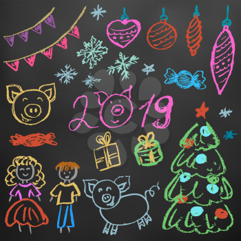 New Year 2019. New Year's set of elements for your creativity. Children's drawings wax crayons on a black background. Christmas tree, fur-tree toys, candy, gifts, children, 2019, pig