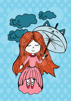 Postcard, flyer, banner, print for clothes. Girl with an umbrella. Dreams, clouds