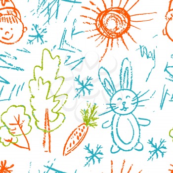 Seamless pattern. Draw pictures, doodle. Beautiful and bright design. Interesting images for backgrounds, textiles, tapestries. Hare, carrot, sun