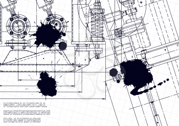 Sketch. Vector engineering illustration. Computer aided design systems. Instrument-making drawings. Mechanical engineering drawing. Black Ink. Blots. Blueprint, outline