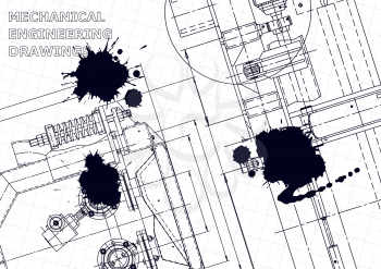 Sketch. Vector engineering illustration. Cover, flyer, banner, background. Black Ink. Blots. Mechanical drawing
