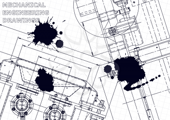 Sketch. Vector engineering illustration. Cover, flyer, banner, background. Instrument-making drawings. Black Ink. Blots. Technical illustration