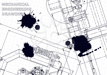 Sketch. Vector engineering illustration. Cover, flyer. Instrument-making. Black Ink. Blots