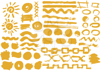 Solar design elements. Vector Sun. Orange stripes, grunge. Handmade. Original textures, hand draw Brushes frames