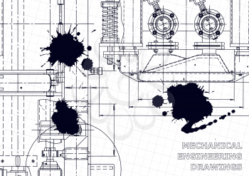 Technical abstract backgrounds. Mechanical instrument making. Technical illustration. Blueprint, cover, banner. Black Ink. Blots