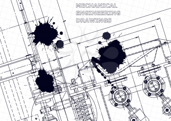 Vector engineering drawings. Mechanical instrument making. Black Ink. Blots