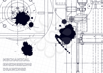 Vector engineering illustration. Instrument-making drawings. Mechanical engineering drawing. Computer aided design systems. Black Ink. Blots. Blueprint, diagram