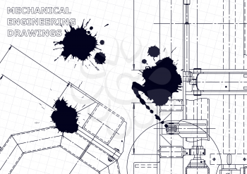 Vector engineering illustration. Mechanical engineering drawing. Instrument-making drawings. Computer aided design systems. Black Ink. Blots. Blueprint, diagram