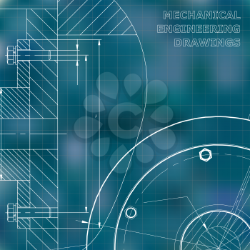 Blue background. Grid. Technical illustration. Mechanical engineering. Technical design. Instrument making. Cover, banner, flyer, background. Corporate Identity