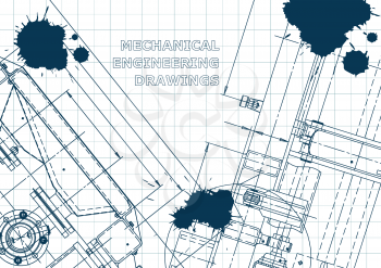 Blueprint. Vector engineering illustration. Computer aided design systems. Instrument-making drawings. Mechanical engineering drawing. Technical. Blue Ink. Blots