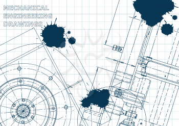 Blueprint. Vector engineering illustration. Cover, flyer, banner, background Instrument-making drawings Blue Ink Blots