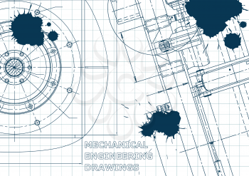 Blueprint. Vector engineering illustration. Cover, flyer, banner, background. Instrument-making drawings Mechanical Blue Ink Blots