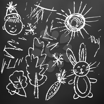 Children's drawings. Elements for the design of postcards, backgrounds, packaging. Printing for clothing. Drawing chalk on a black board. House, trees, sun, hare