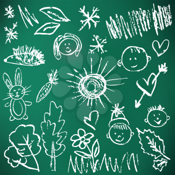 Children's drawings. Elements for the design of postcards, backgrounds, packaging. Printing for clothing. Drawing chalk on a green board. Flowers, children, trees, snowflakes