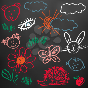 Children's drawings. Elements for the design of postcards, backgrounds, packaging. Prints for clothes. A drawing of colored chalk on a black board. Trees, sun, hedgehog, faces