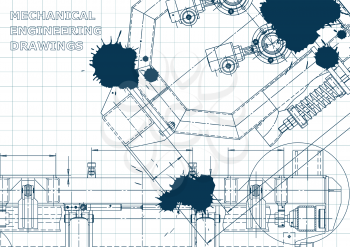 Computer aided design systems. Blueprint, scheme, plan, sketch. Technical illustrations background Blue Ink Blots