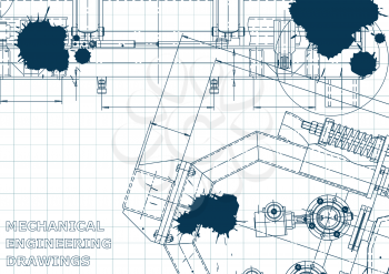 Computer aided design systems. Blueprint, scheme, plan, sketch. Technical illustrations backgrounds Blue Ink Blots