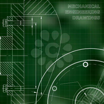 Green background. Grid. Technical illustration. Mechanical engineering. Technical design. Instrument making. Cover, banner, flyer, background. Corporate Identity
