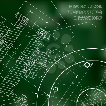 Green background. Technical illustration. Mechanical engineering. Technical design. Instrument making. Cover, banner