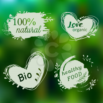 Set of logos, icons, design elements. Natural food, organic food, veggie food. Healthy food label. Doodle logos. Hand drawing. Bio, organic, gluten free. Vector illustration for menu of restaurant