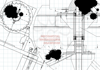 Blueprints. Mechanical construction. Technical Design. Engineering illustrations. Banner. Draft. Black Ink. Blots