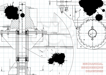 Blueprints. Mechanical engineering drawings. Cover. Banner. Technical Design. Draft. Black Ink. Blots