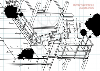 Building. Metal constructions. Volumetric constructions. 3D design. Abstract background. Draft. Black Ink. Blots