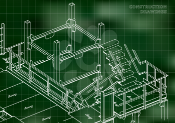 Building. Metal constructions. Volumetric constructions. Green background. Grid