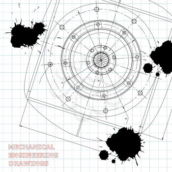 Mechanical engineering drawings. Engineering illustration. Vector. Draft. Black Ink. Blots