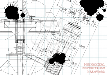 Mechanical engineering drawings. Technical Design. Blueprints. Draft. Black Ink. Blots